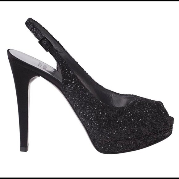 Stuart Weitzman Black Glitter Avalon Platform Shoe 9.5M - Picture 1 of 4